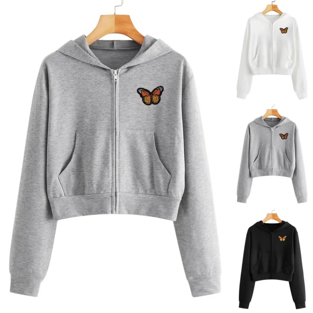 Women's Solid Color Zip Up Hoodie with Butterfly Embroidery